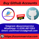 Marketing banner advertising GitHub account sales: large red 'Buy Github Accounts' header, logo cluster with a red 'ORDER NOW' sticker, blue circular logo on the right, and bottom blue contact strip listing Telegram @ussmmservice, WhatsApp +1 (239) 487-7263, email ussmmservice@gmail.com, and URL https://ussmmservice.com