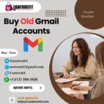 Marketing banner offering to buy old Gmail accounts; includes logo, bold headline 'Buy Old Gmail Accounts', Gmail icon, contact details, 'MORE INFO' button, and a circular photo of two women in a meeting.