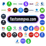Collage of circular app icons (social, payment, and tech logos) surrounding a glowing central banner that reads fastsmpva.com.