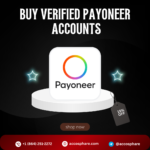 Ad promoting purchase of verified Payoneer accounts with 15% off, Payoneer logo on a pedestal and a 'shop now' button.