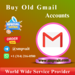 Ad banner selling old Gmail accounts with 'Special Offer', order now, and contact icons (Telegram @smpwait, WhatsApp) on a gradient background with Gmail logo on a pink pedestal.