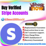 Colorful promo banner advertising 'Buy Verified Stripe Accounts' with bold text, a 'Shop now' graphic, a large blue S logo, a bulleted list of guarantees, and the website www.smartSMMworld.com.