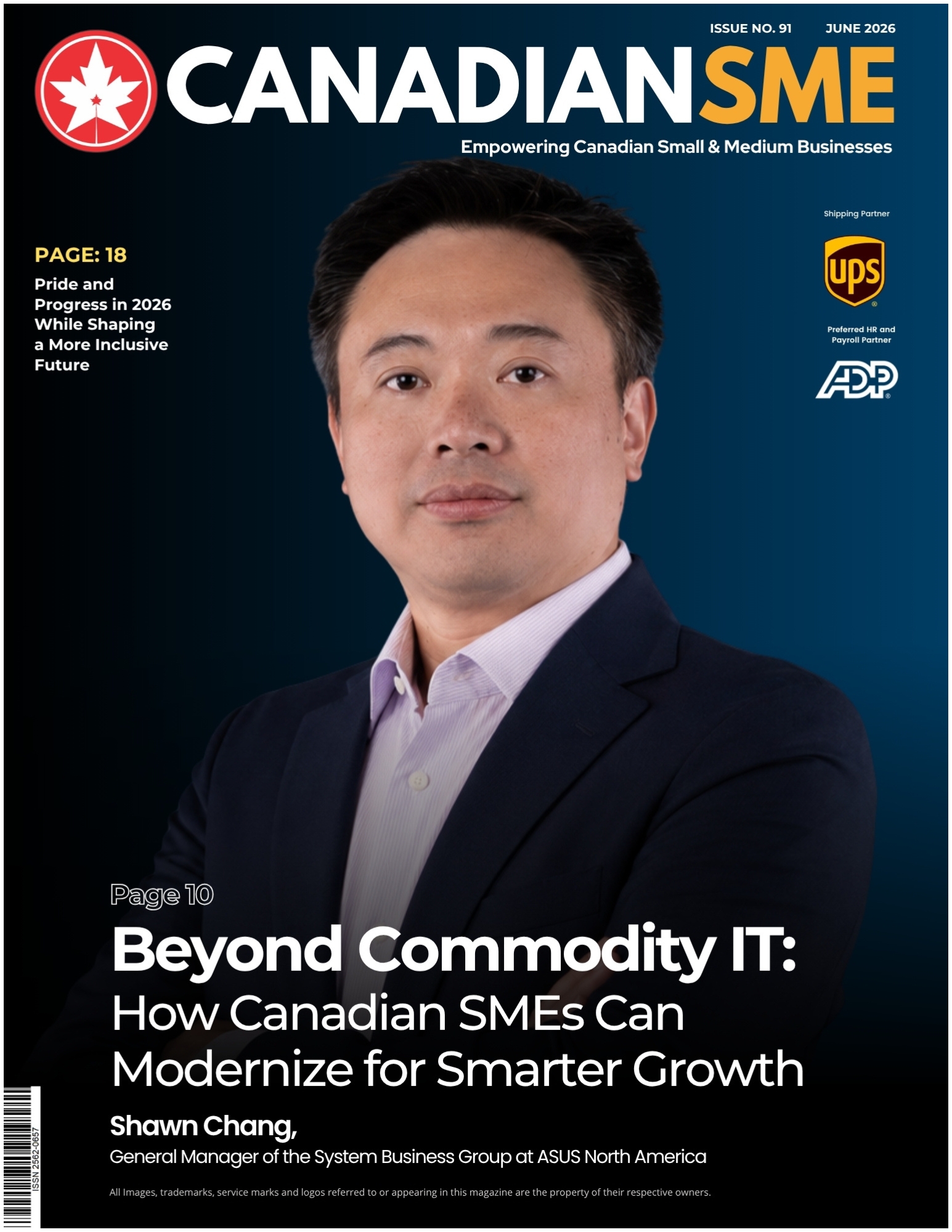 Magazine cover for Canadian SME (June 2026). Features a man in a suit against a dark blue gradient; large headline reads 'Beyond Commodity IT: How Canadian SMEs Can Modernize for Smarter Growth' (Page 10).