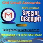 Advertisement for discounted, verified old Gmail accounts; features a Gmail icon, bold SPECIAL DISCOUNT text, and contact info (Telegram, WhatsApp, website).