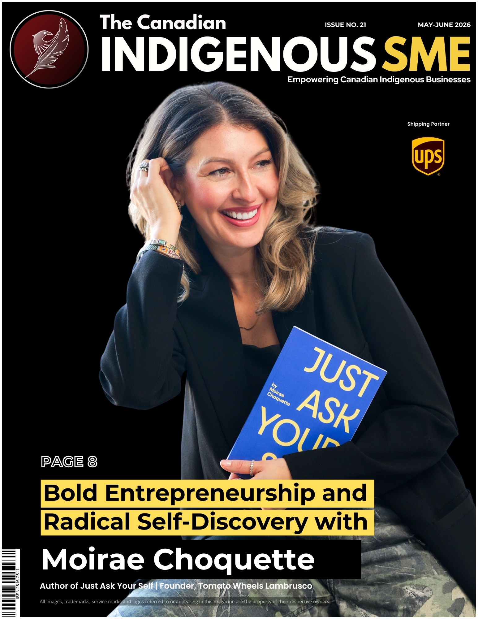 Smiling woman in a blazer holding a blue 'JUST ASK YOUR' book on the cover of The Canadian Indigenous SME magazine.