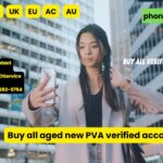 Young woman takes a selfie in a city street; bright yellow region badges (USA, UK, EU, AC, AU) and a green 'phone verified' badge overlaid; bold yellow banner: 'Buy all aged new PVA verified accounts'