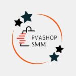 Logo for PVASHOP SMM featuring a stylized shopping bag, red speed lines, orange arc, and navy/teal and black stars to suggest social media marketing.