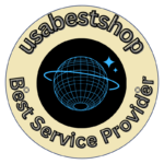 Round badge with a beige outer ring and black center, featuring a blue wireframe globe and stars in the middle; curved text around the edge reads 'Ursbestshop' on top and 'Best Service Provider' on bottom.