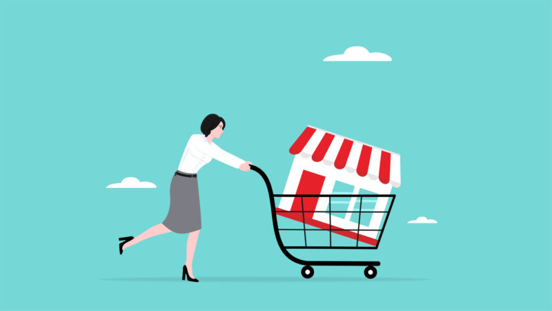 buy a franchise illustration with businesswoman push shopping carts containing franchise icons concept vector illustration